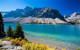 Bow Lake, Alberta, Canadá, montanhas, árvores, céu azul