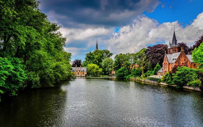 Bruges, Bélgica Minnewater, parque, rio, construções, árvores, nuvens Papéis de Parede, imagem