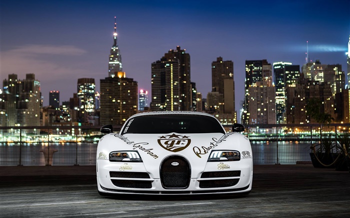 Bugatti Veyron supercar branco vista de frente, noite Papéis de Parede, imagem