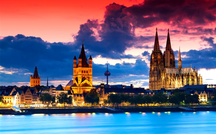 Colônia, Alemanha, catedral, cidade, noite, rio, nuvens Papéis de Parede, imagem
