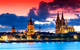 Colônia, Alemanha, catedral, cidade, noite, rio, nuvens HD Papéis de Parede