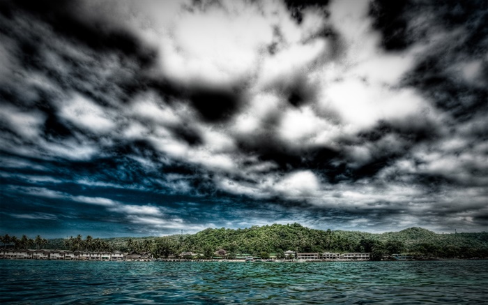 Escuras nuvens azuis, casa, mar, costa Papéis de Parede, imagem