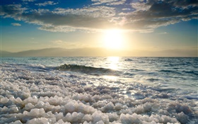 Mar morto, sal, pôr do sol