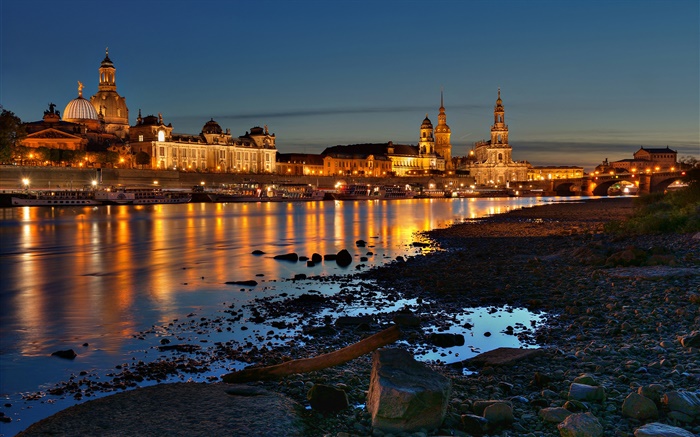 Dresden, Alemanha, cidade, casas, edifícios, rio, noite, luzes Papéis de Parede, imagem