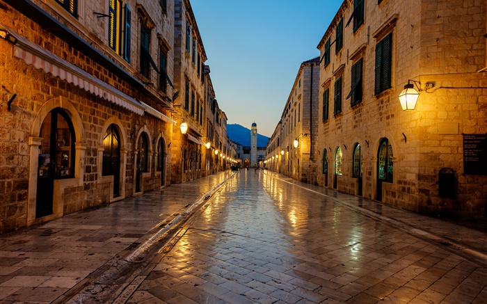 Dubrovnik, Croácia, por do sol, passeio, casa, luzes Papéis de Parede, imagem