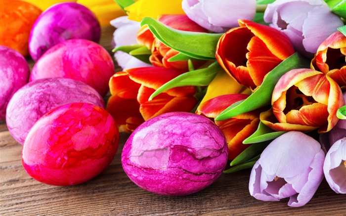 Ovos da páscoa, flores da tulipa Papéis de Parede, imagem