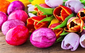 Ovos da páscoa, flores da tulipa HD Papéis de Parede
