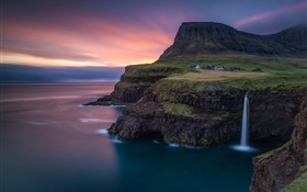 Ilhas Faroé, cachoeira, Atlantic, montanha, rochas, casa, crepúsculo