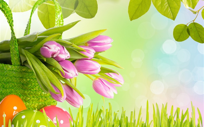 Flores, tulipas roxas, grama, primavera, ovos, Páscoa Papéis de Parede, imagem