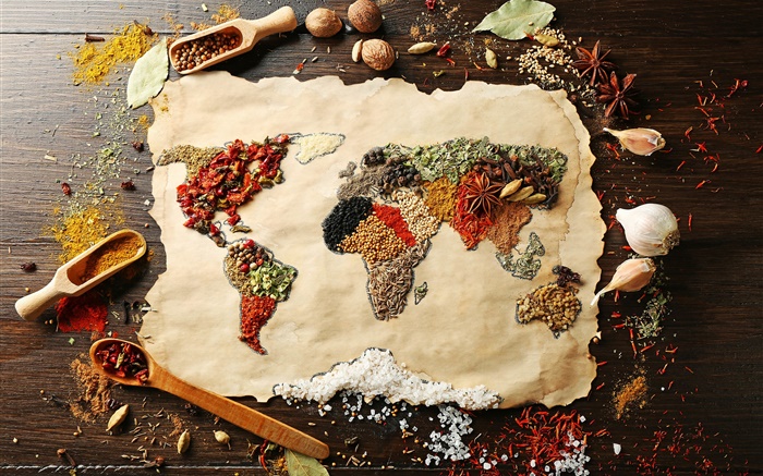 Alimentos, especiarias, superfície, mapa do mundo, imagens criativas Papéis de Parede, imagem