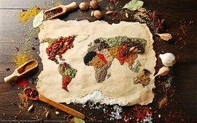 Alimentos, especiarias, superfície, mapa do mundo, imagens criativas