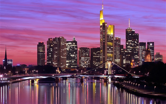 Frankfurt, Alemanha, cidade, rio, ponte, luzes, arranha-céus Papéis de Parede, imagem