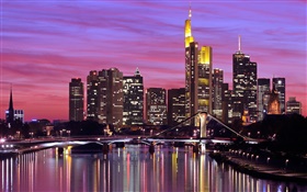Frankfurt, Alemanha, cidade, rio, ponte, luzes, arranha-céus