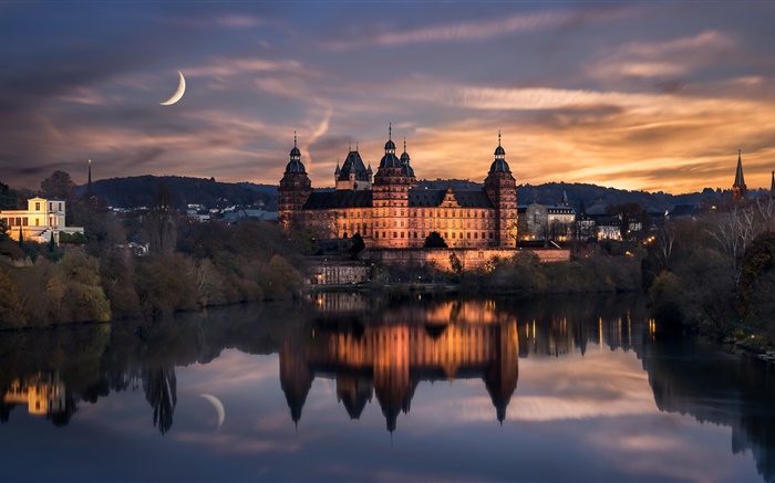 Alemanha, Aschaffenburg, noite, lua, nuvens, reflexão da água Papéis de Parede, imagem