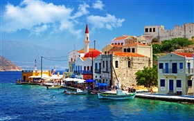 Grécia, cidade, cais, barco, casa