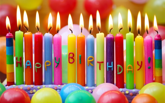 Feliz aniversário, velas coloridas, fogo, balões Papéis de Parede, imagem