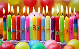 Feliz aniversário, velas coloridas, fogo, balões HD Papéis de Parede