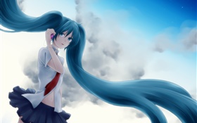 Hatsune Miku, cabelos longos menina azul, lágrimas