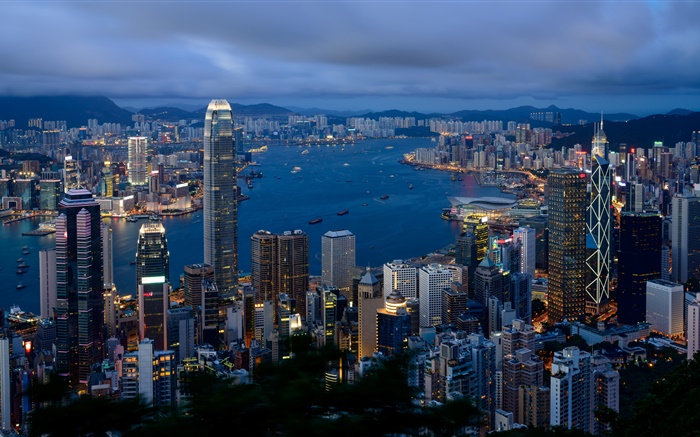 Hong Kong, cidade, construções, céu nebuloso, manhã Papéis de Parede, imagem