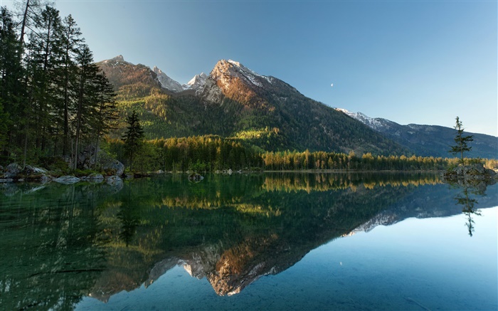 Lago, árvores, montanhas, reflexão da água Papéis de Parede, imagem