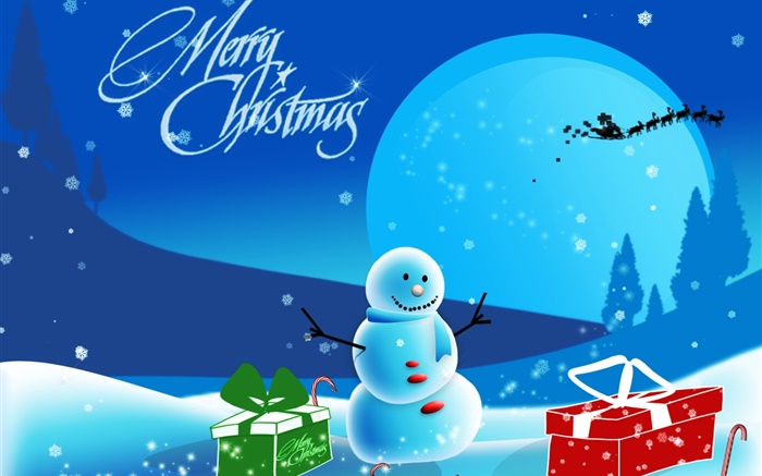 Feliz Natal, imagens de arte, boneco de neve, neve, presentes, lua Papéis de Parede, imagem