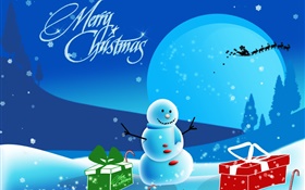 Feliz Natal, imagens de arte, boneco de neve, neve, presentes, lua HD Papéis de Parede