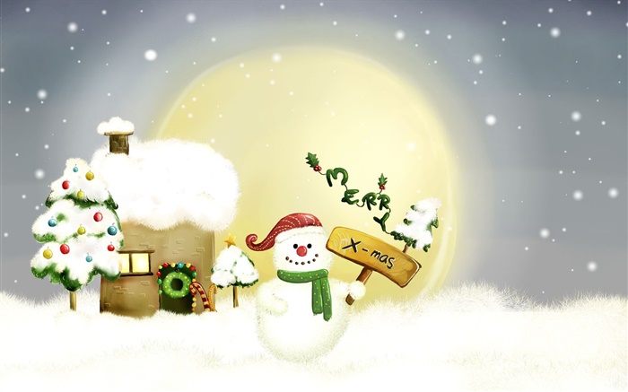 Feliz Natal, boneco de neve, árvores, lua, casa, neve Papéis de Parede, imagem