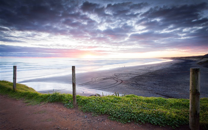 Muriwai Beach, pôr do sol, Auckland, Nova Zelândia Papéis de Parede, imagem