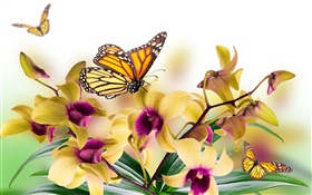 Orquídea, flores, folhas, pétalas, borboleta HD Papéis de Parede