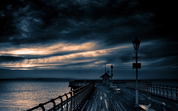 Cais, mar, crepúsculo, céu nublado Papéis de Parede, imagem