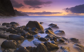 Rochas, praia, mar, pôr do sol, Havaí, EUA