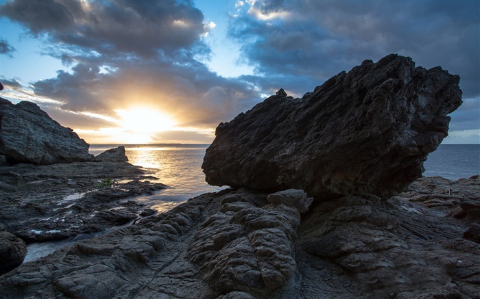 Rochas, mar, pôr do sol, Coromandel, Nova Zelândia Papéis de Parede, imagem
