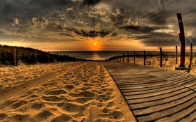 areias, praia, cais, por do sol, nuvens HD Papéis de Parede