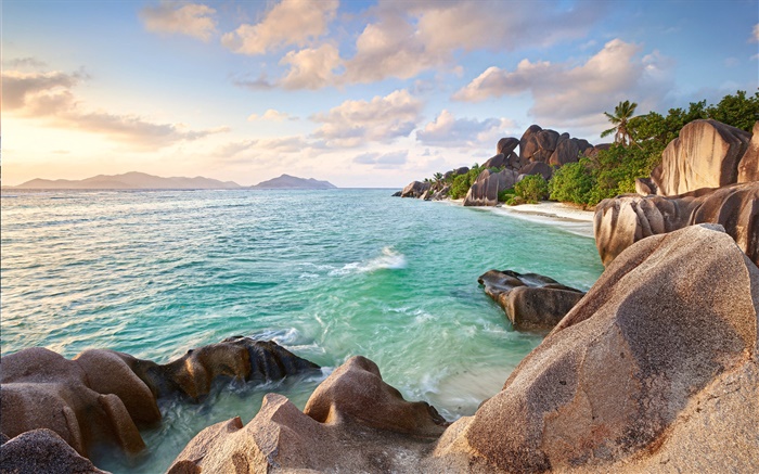 Seychelles Island, pedras, mar, costa, praia, pôr do sol Papéis de Parede, imagem