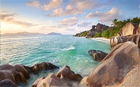 Seychelles Island, pedras, mar, costa, praia, pôr do sol HD Papéis de Parede