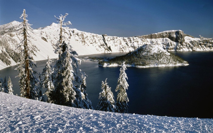 Neve, lago vulcânico, árvores Papéis de Parede, imagem