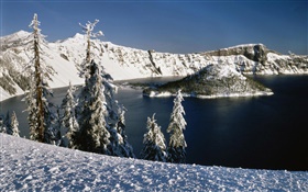 Neve, lago vulcânico, árvores HD Papéis de Parede