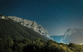 Montanhas de pedra, árvores, noite HD Papéis de Parede