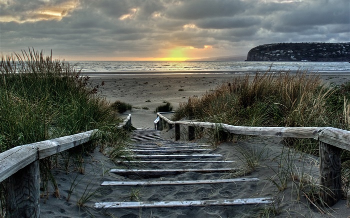 Sunrise, escadas, costa, Southshore, Christchurch, Nova Zelândia Papéis de Parede, imagem