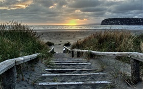 Sunrise, escadas, costa, Southshore, Christchurch, Nova Zelândia