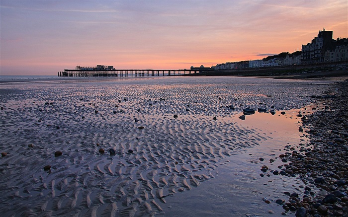 Pôr do sol, cais, praia, crepúsculo, Hastings, Inglaterra Papéis de Parede, imagem