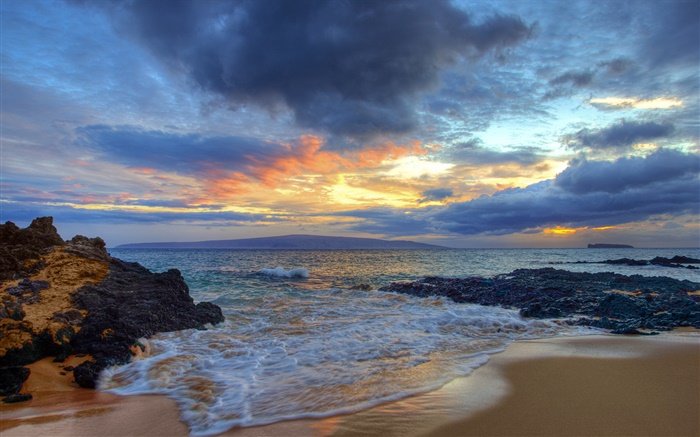 Pôr do sol, mar, costa, Praia Secreta, Maui, Havaí, EUA Papéis de Parede, imagem