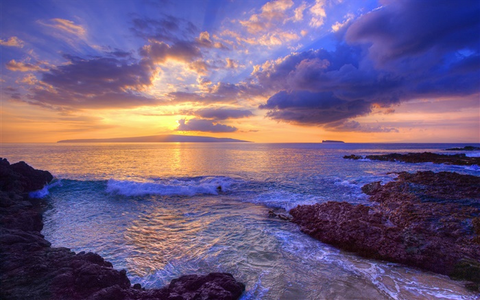 Do por do sol, ondas, praia secreta, Maui, Havaí, EUA Papéis de Parede, imagem