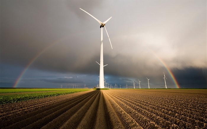Moinhos de vento, arco íris, campo Papéis de Parede, imagem