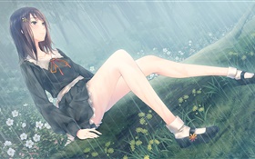 Anime menina, flores, chuva