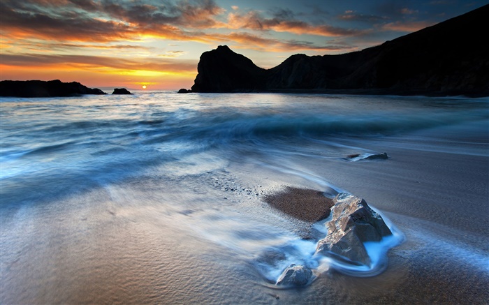 Costa paisagem bonita, por do sol, rochas, mar Papéis de Parede, imagem