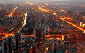 Pequim, China, meia-noite, construções, luzes