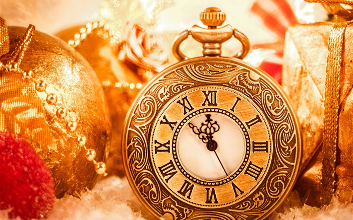Decoração do Natal, relógio, bolas, Ano Novo Papéis de Parede, imagem