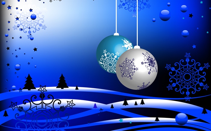 Tema do natal, imagens do vetor, bolas, árvores, neve, estilo azul Papéis de Parede, imagem