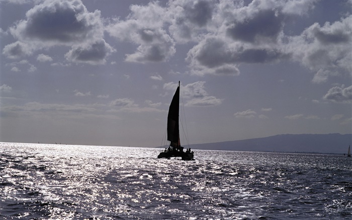 Anoitecer, Mar, barco, nuvens Papéis de Parede, imagem